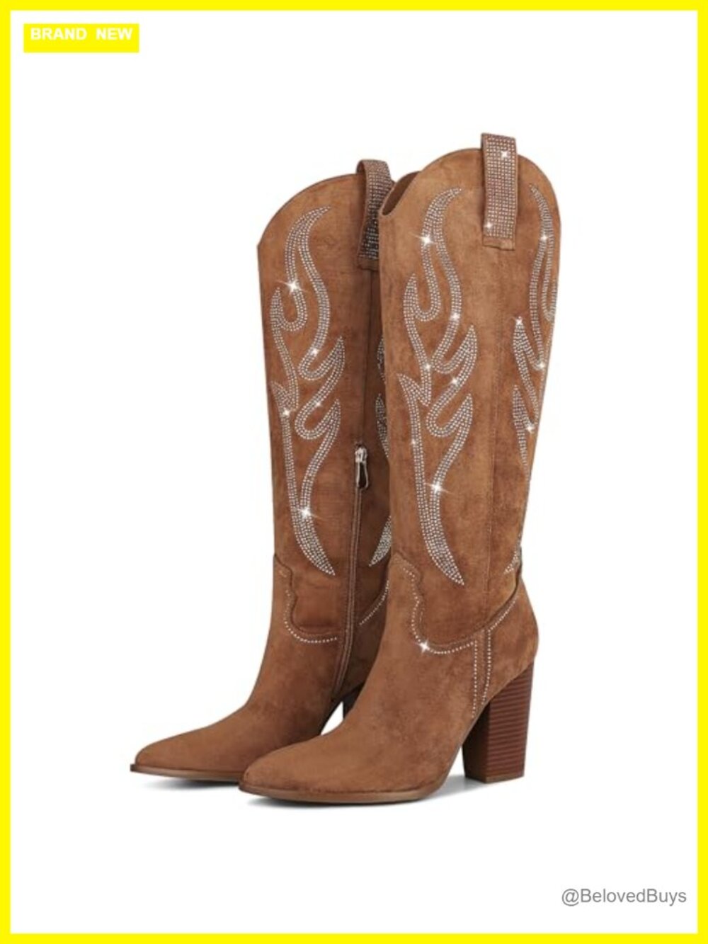 Embroidered Rhinestone Cowboy Boots Pointed Toe Knee High